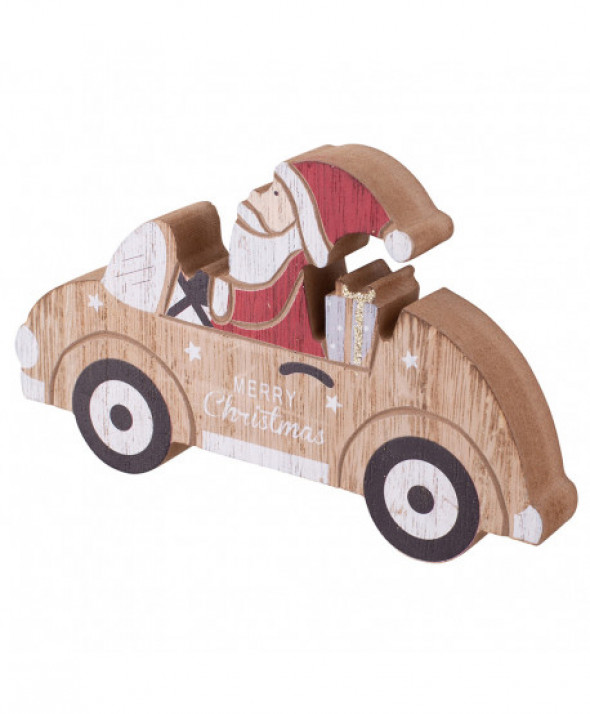 Figurka / ozdoba / dekoracja świąteczna drewniana Mikołaj w samochodzie 16 cm