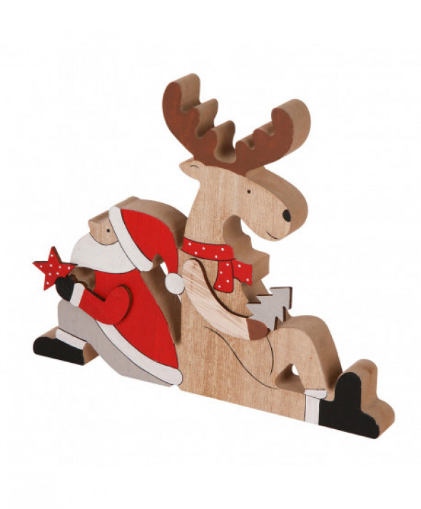 Figurka / ozdoba / dekoracja świąteczna drewniana Mikołaj z reniferem 16 x 2 x 19,5 cm