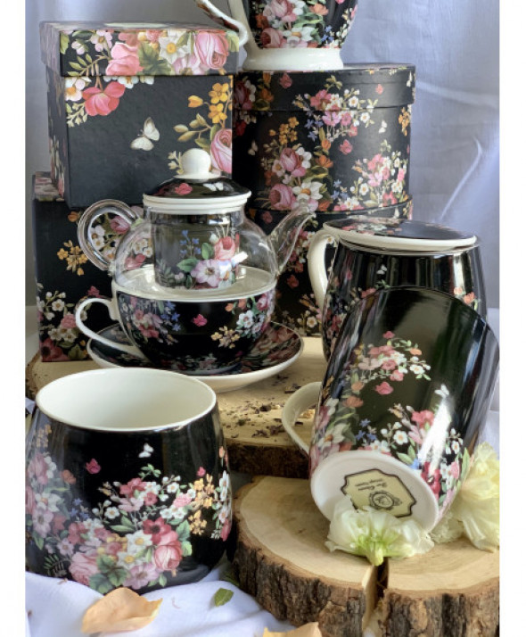 Filiżanka z dzbankiem szklanym / Tea for One VINTAGE FLOWERS BLACK