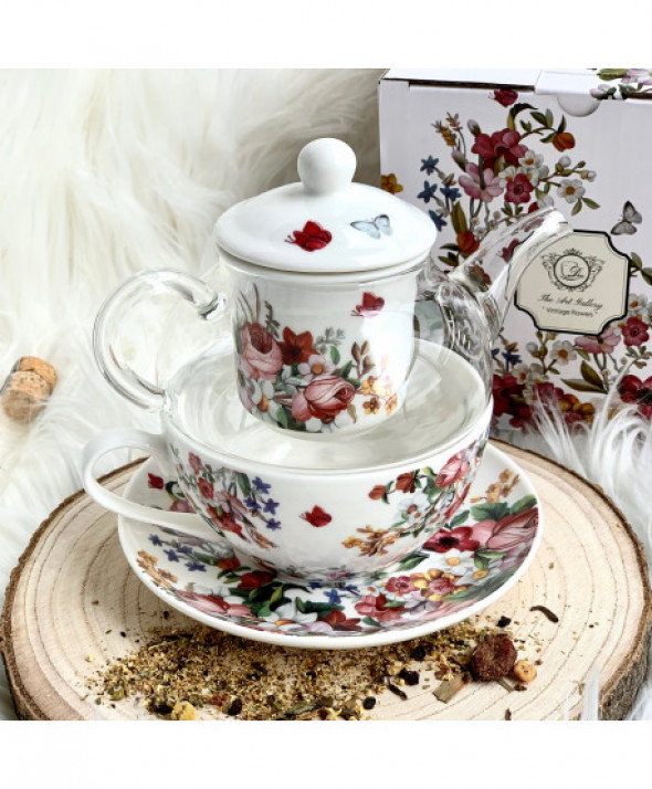Filiżanka z dzbankiem szklanym / Tea for One VINTAGE FLOWERS WHITE