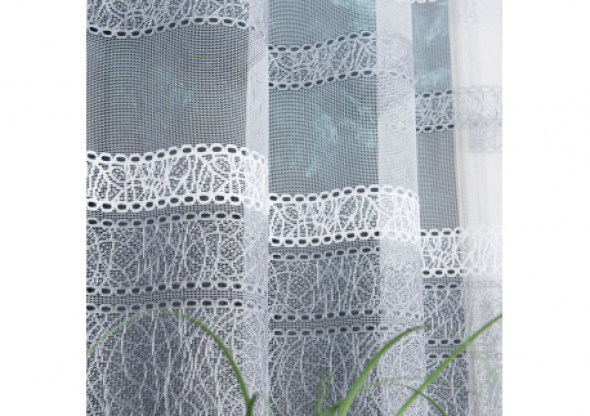 Firanka biała z szarym żakardowa pasowa 181015 wys. 100 cm.
