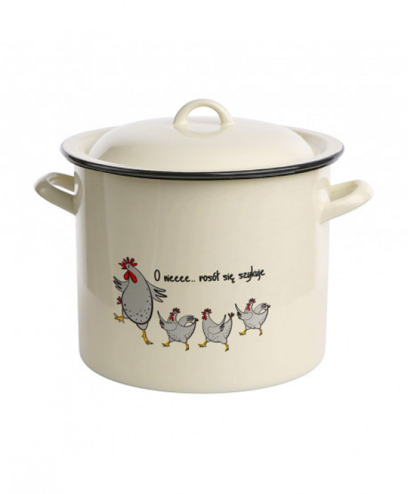 Garnek emaliowany do rosołu z pokrywką Silesia Rybnik kremowy dekoracja Kurki 10 l