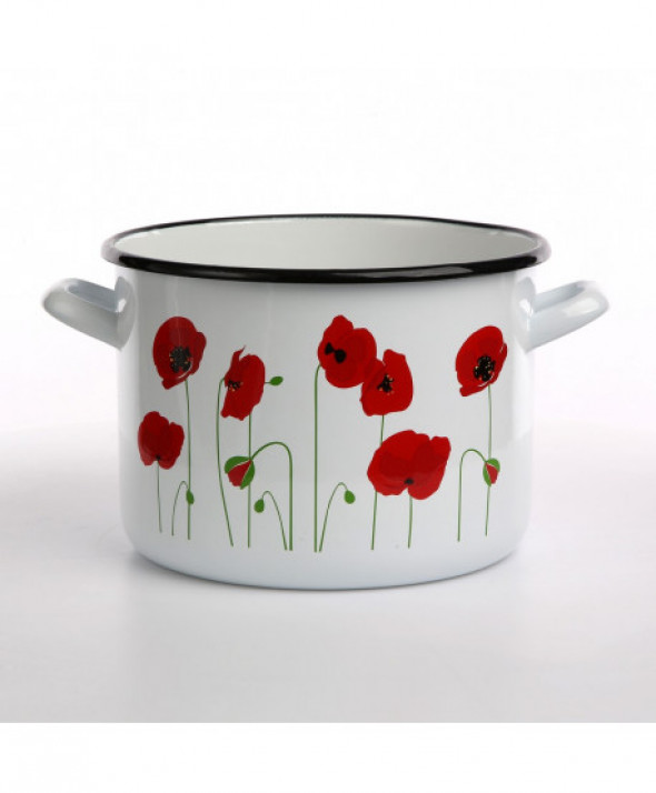 Garnek emaliowany Silesia Rybnik biały, dekoracja Maki 2,2 l