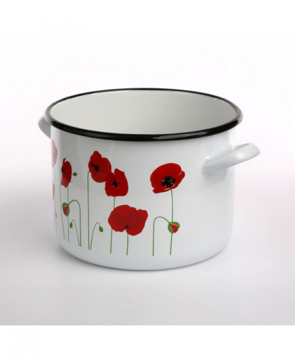 Garnek emaliowany Silesia Rybnik biały, dekoracja Maki 5,8 l