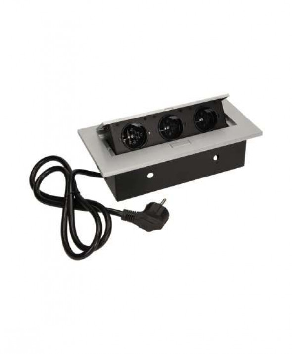 Gniazdo meblowe wpuszczane w blat z grubym rantem 3x2P+Z, przewód 1,5m 3x1,5mm?, srebrne