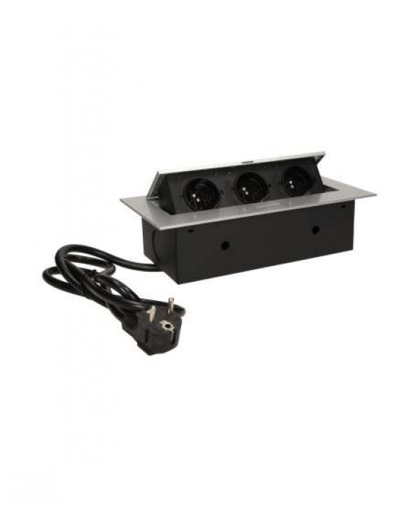 Gniazdo meblowe wpuszczane w blat z płaskim rantem 3x2P+Z, przewód 1,5m 3x1,5mm?, srebrne