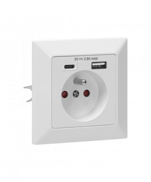 Gniazdo pojedyncze 2P+Z, USB-A + USB-C, wyjście 5VDC, max 2,8A