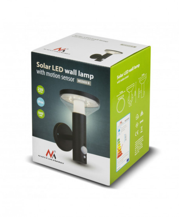 Kinkiet Solarny LED Maclean, Z Czujnikiem, 3 Tryby Świecenia, IP44, Bateria Li-ion 18650 3,7V 1200 mAh, Czarny, MCE455 B