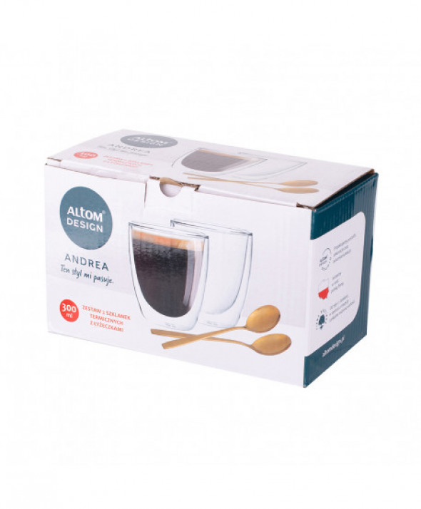 Komplet 2 szklanek z podwójną ścianką i dnem termiczne do napojów Andrea 300 ml + złote łyżeczki
