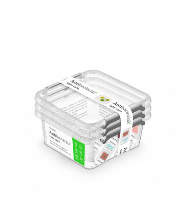Komplet 3 pojemników do przechowywania żywności z pokrywką / Mikrocząstki srebra Orplast Antibacterial  0,85L (3020)