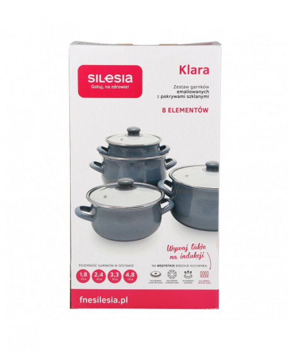 Komplet 4 garnków emaliowanych Silesia Rybnik Klara Charlotta ze szklanymi pokrywkami fioletowe
