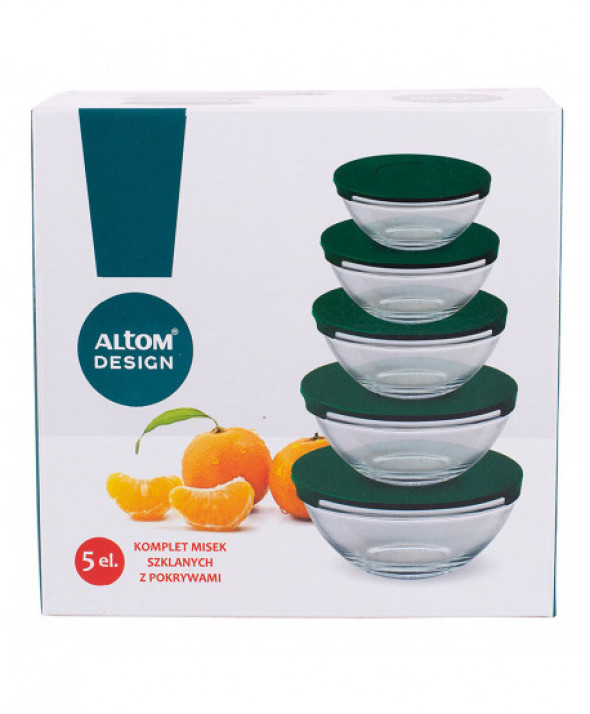 Komplet 5 misek szklanych z zielonymi pokrywkami