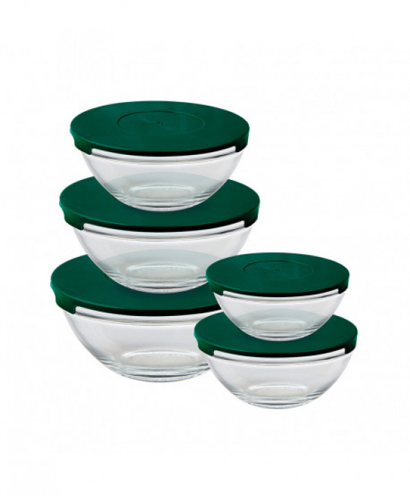 Komplet 5 salaterek szklanych z zielonymi pokrywkami