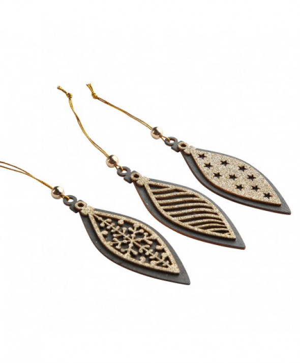 Komplet 6 zawieszek / dekoracja drewniana popielata podłużna z brokatem