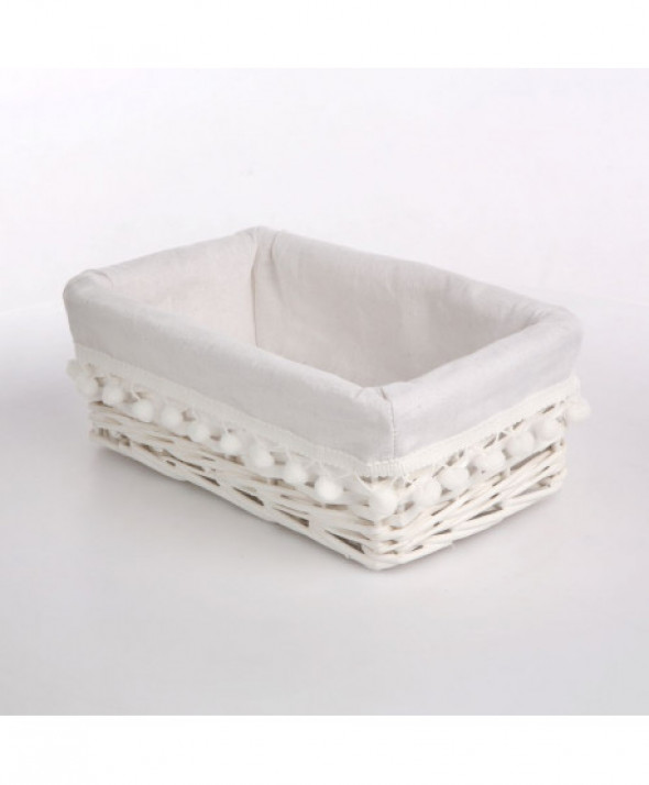 Koszyk / kosz wiklinowy do organizacji / przechowywania biały z pomponami 24 cm