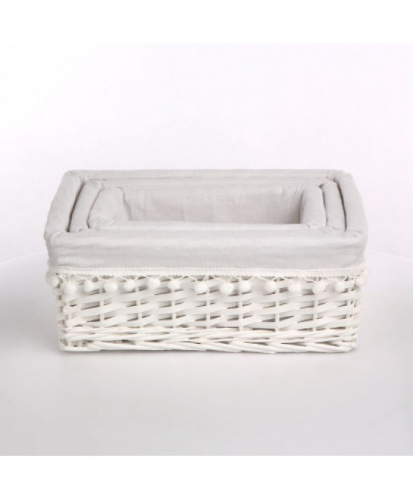 Koszyk / kosz wiklinowy do organizacji / przechowywania biały z pomponami 30 cm
