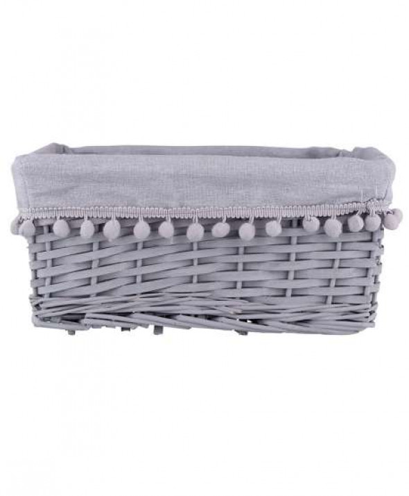Koszyk / kosz wiklinowy do organizacji / przechowywania szary z pomponami 36 cm