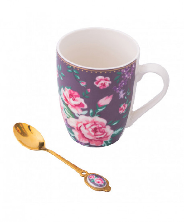 Kubek do kawy i herbaty porcelanowy z łyżeczką Charlotta 300 ml fioletowy
