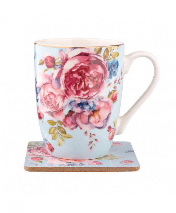 Kubek do kawy i herbaty porcelanowy ze podkładką Scarlett 300 ml błękitny