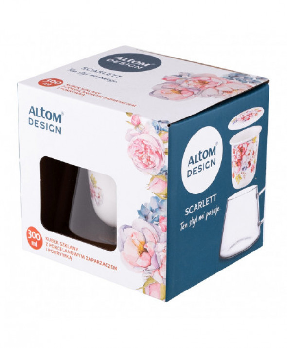 Kubek do kawy i herbaty szklany z porcelanowym zaparzaczem i pokrywką Scarlett 300 ml