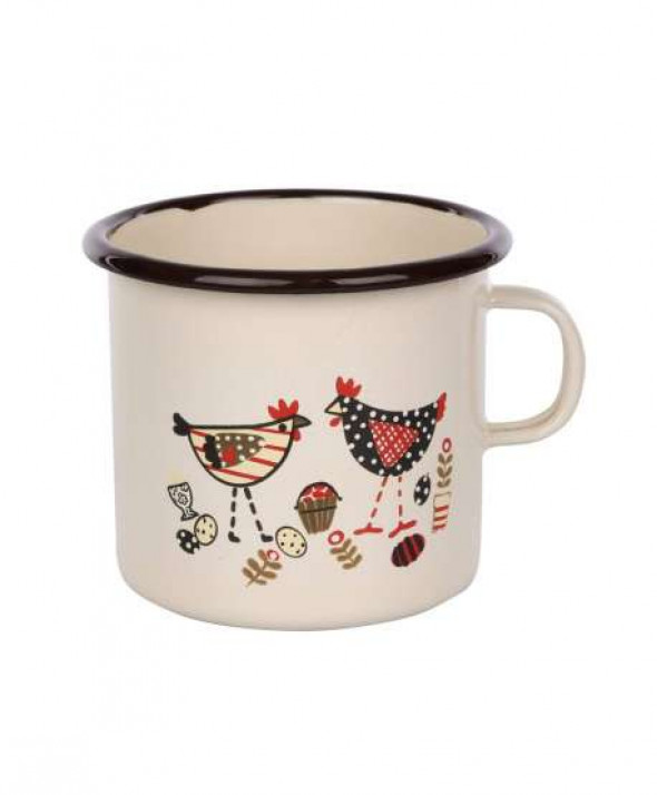Kubek emaliowany Silesia Rybnik kremowy 0,45 l, dekoracja Kurka Zośka Kokoszka