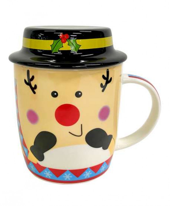 Kubek porcelanowy świąteczny dla dzieci / na prezent Renifer z pokrywką 330 ml