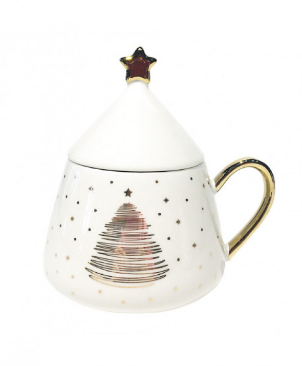 Kubek porcelanowy z pokrywką Choinka biały 300 ml
