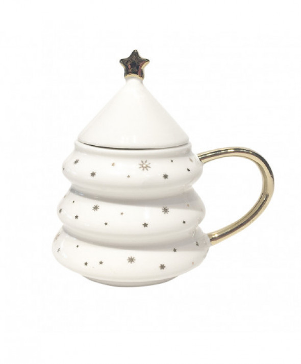 Kubek porcelanowy z pokrywką Choinka biały 300 ml
