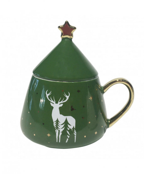 Kubek porcelanowy z pokrywką Choinka zielony 300 ml