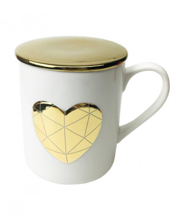 Kubek porcelanowy z pokrywką Złote Serce 400 ml biały
