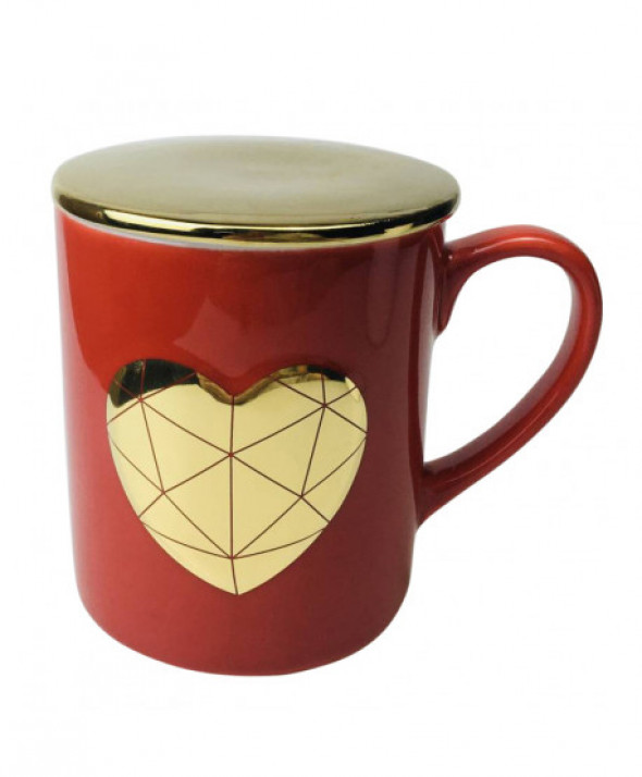 Kubek porcelanowy z pokrywką Złote Serce 400 ml biały