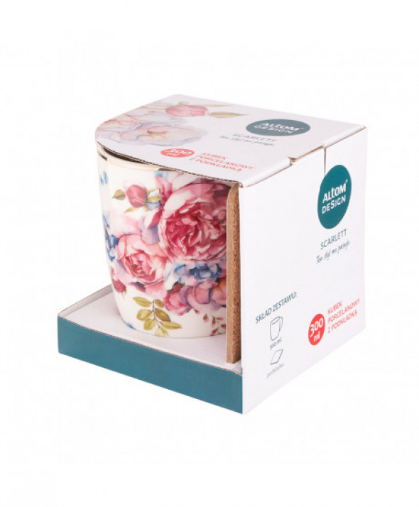 Kubek porcelanowy ze podkładką Scarlett 300 ml jasny