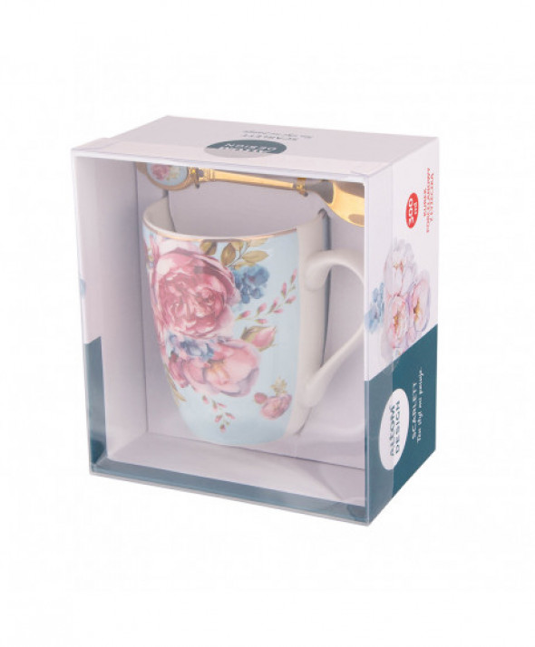 Kubek porcelanowy ze złotą łyżeczką Scarlett 300 ml błękitny
