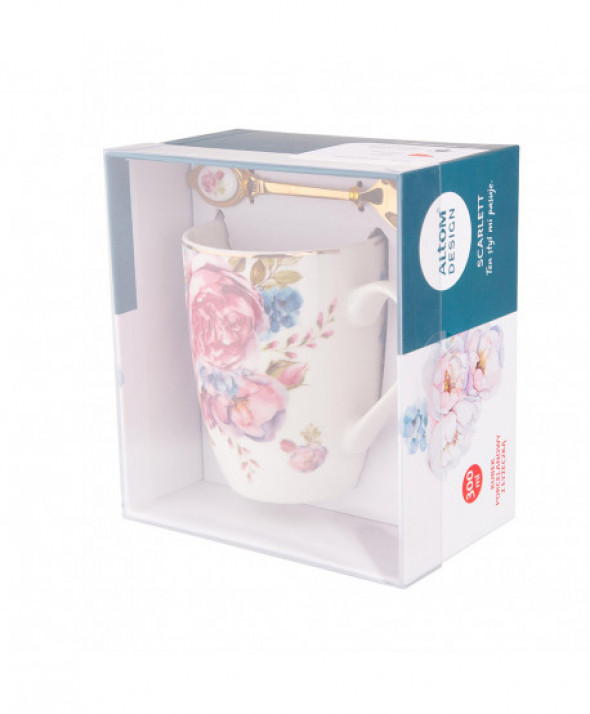 Kubek porcelanowy ze złotą łyżeczką Scarlett 300 ml jasny
