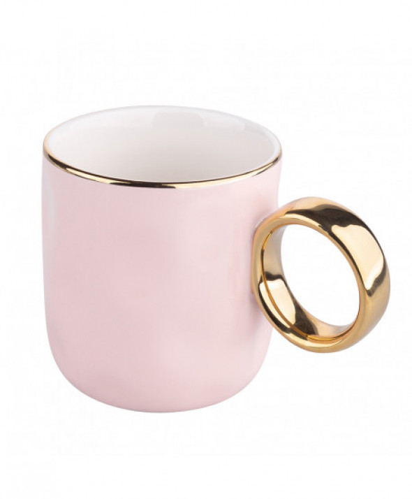 Kubek porcelanowy ze złotym uchem pudrowy róż 300 ml