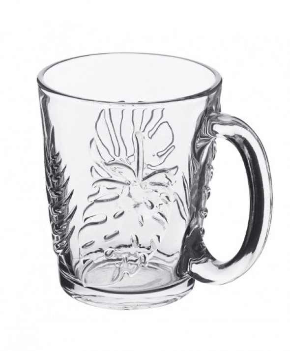 Kubek szklany / szklanka z uchem Leon 300 ml, dekoracja Tropic