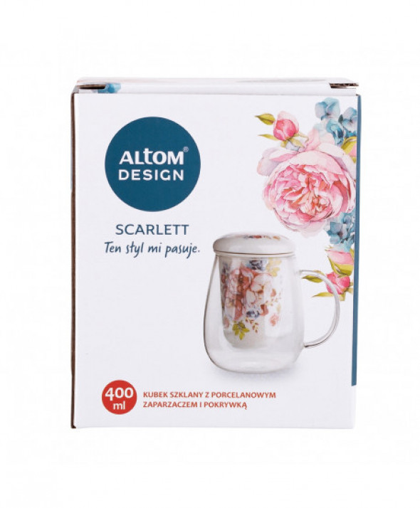 Kubek szklany z porcelanowym zaparzaczem i pokrywką Scarlett 400 ml