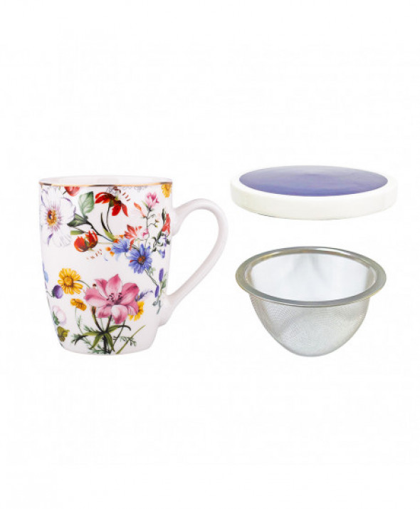 Kubek z zaparzaczem i pokrywką do herbaty i ziół porcelanowy / sitko stalowe Blooming 300 ml
