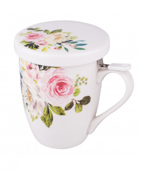 Kubek z zaparzaczem i pokrywką porcelanowy / sitko stalowe Amelia 300 ml biały