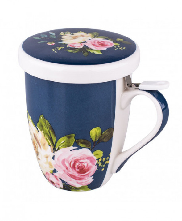 Kubek z zaparzaczem i pokrywką porcelanowy / sitko stalowe Amelia 300 ml granatowy