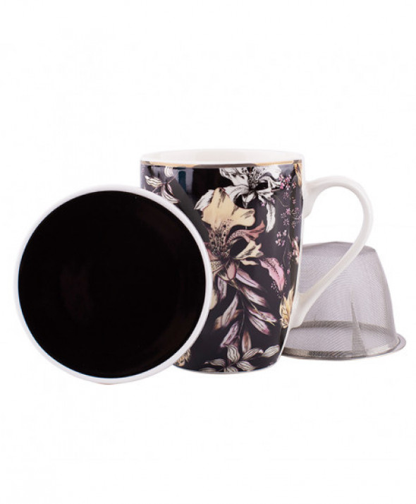 Kubek z zaparzaczem porcelanowy / sitko stalowe Black Lily 300 ml