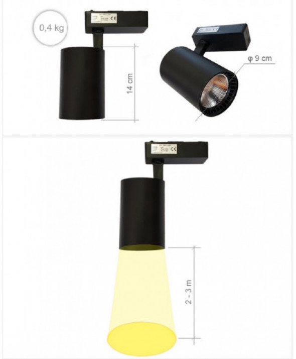 Lampa sklepowa led reflektor szynowy jednofazowy czarny 30w 2250 lm światło ciepłe 3000k