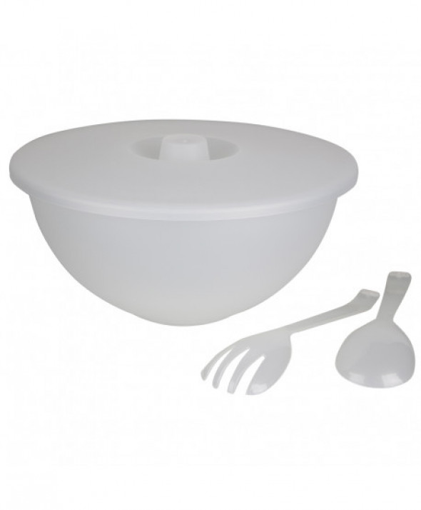 Miska plastikowa z pokrywą + łyżka i widelec do sałaty Sagad 3,6 l biała