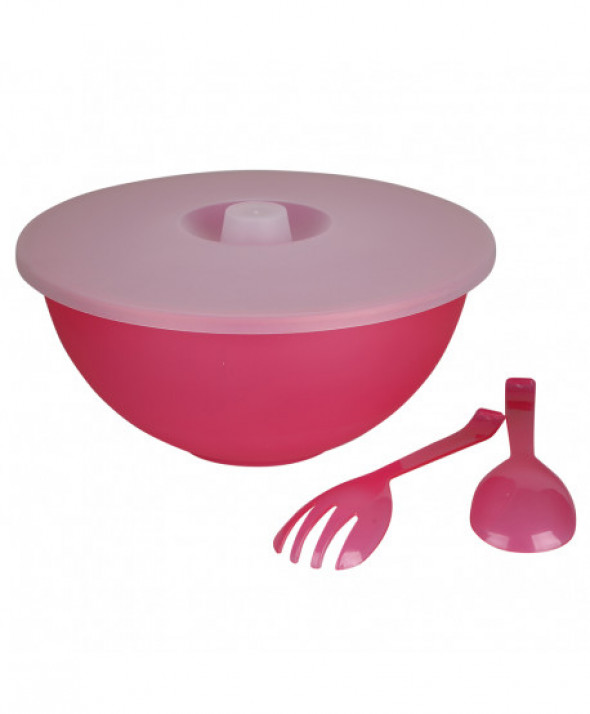 Miska plastikowa z pokrywą + łyżka i widelec do sałaty Sagad 3,6 l różowa
