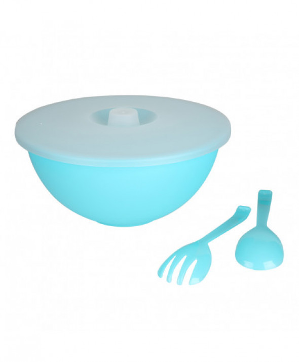 Miska plastikowa z pokrywą + łyżka i widelec do sałaty Sagad 3,6 l turkusowa