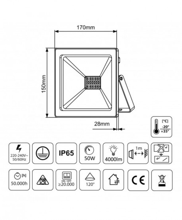 Naświetlacz LED slim 50W, 4000lm Warm White (3000K) Maclean Energy  MCE550 WW, IP65, PREMIUM