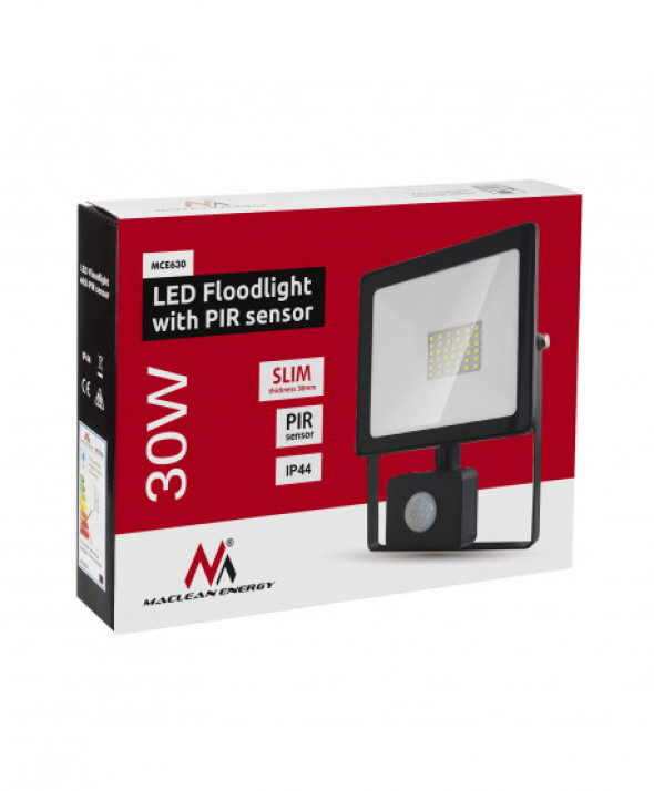 Naświetlacz LED z czujnikiem ruchu Maclean, slim 30W, 2400lm, barwa neutralna biała (4000K), IP44,  MCE630 NW PIR