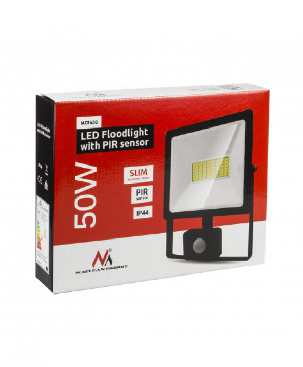 Naświetlacz LEDz czujnikiem ruchu Maclean, slim 50W, 4000lm, barwa ciepła biała (3000K), IP44, MCE650 WW PIR