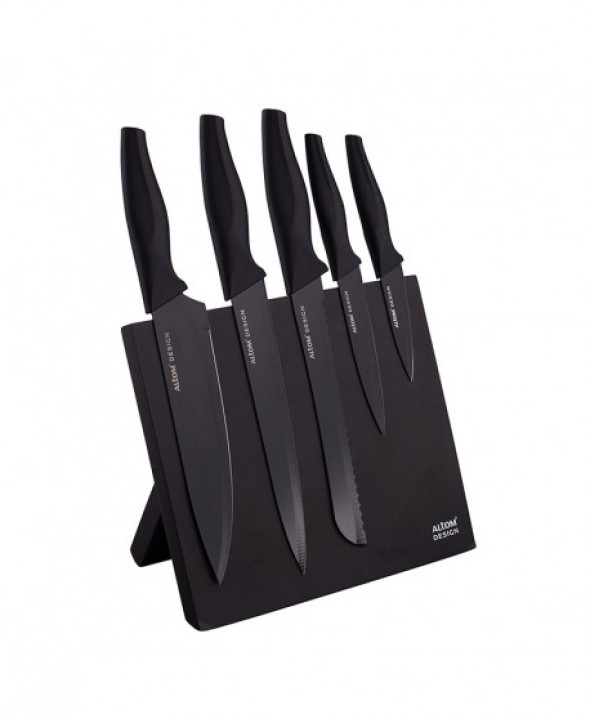Noże kuchenne z listwą magnetyczną czarne, zestaw 5 noży