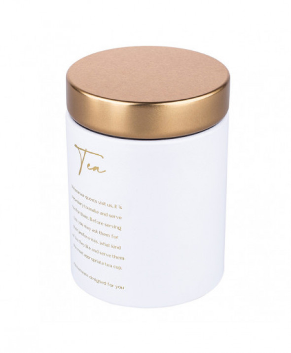 Pojemnik na herbatę ze złotą pokrywą biała, dek. TEA